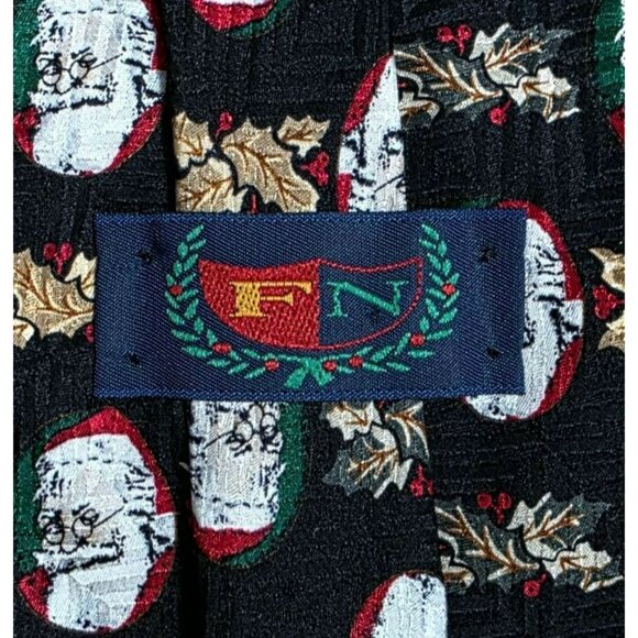 Vintage Christmas Santa Claus Face Silk Neck Tie Black Gold Holly Holiday Party - Picture 3 of 7